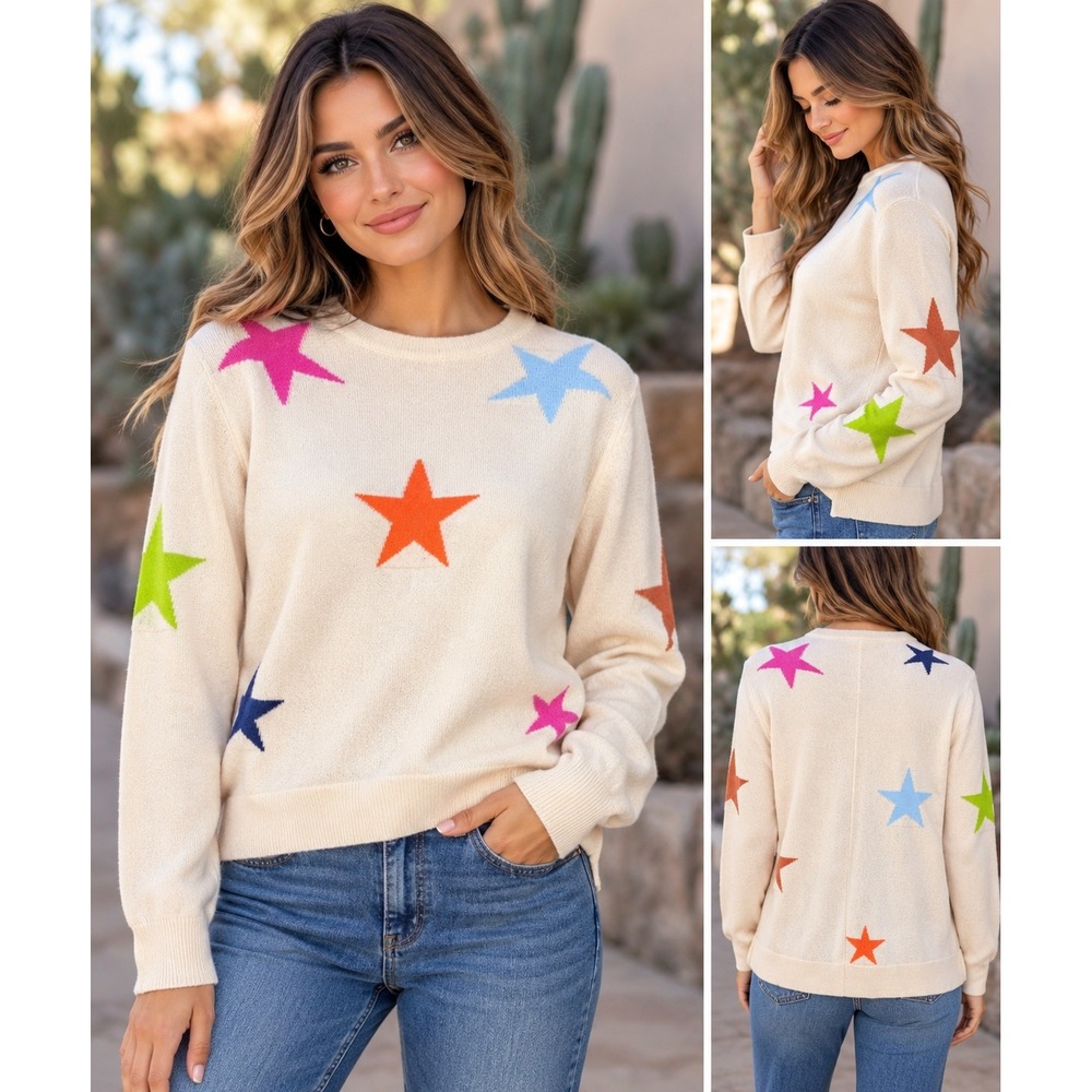 THML Multi Color Star Intarsia Knit Sweater Beige Small TMK1218-AV-BE